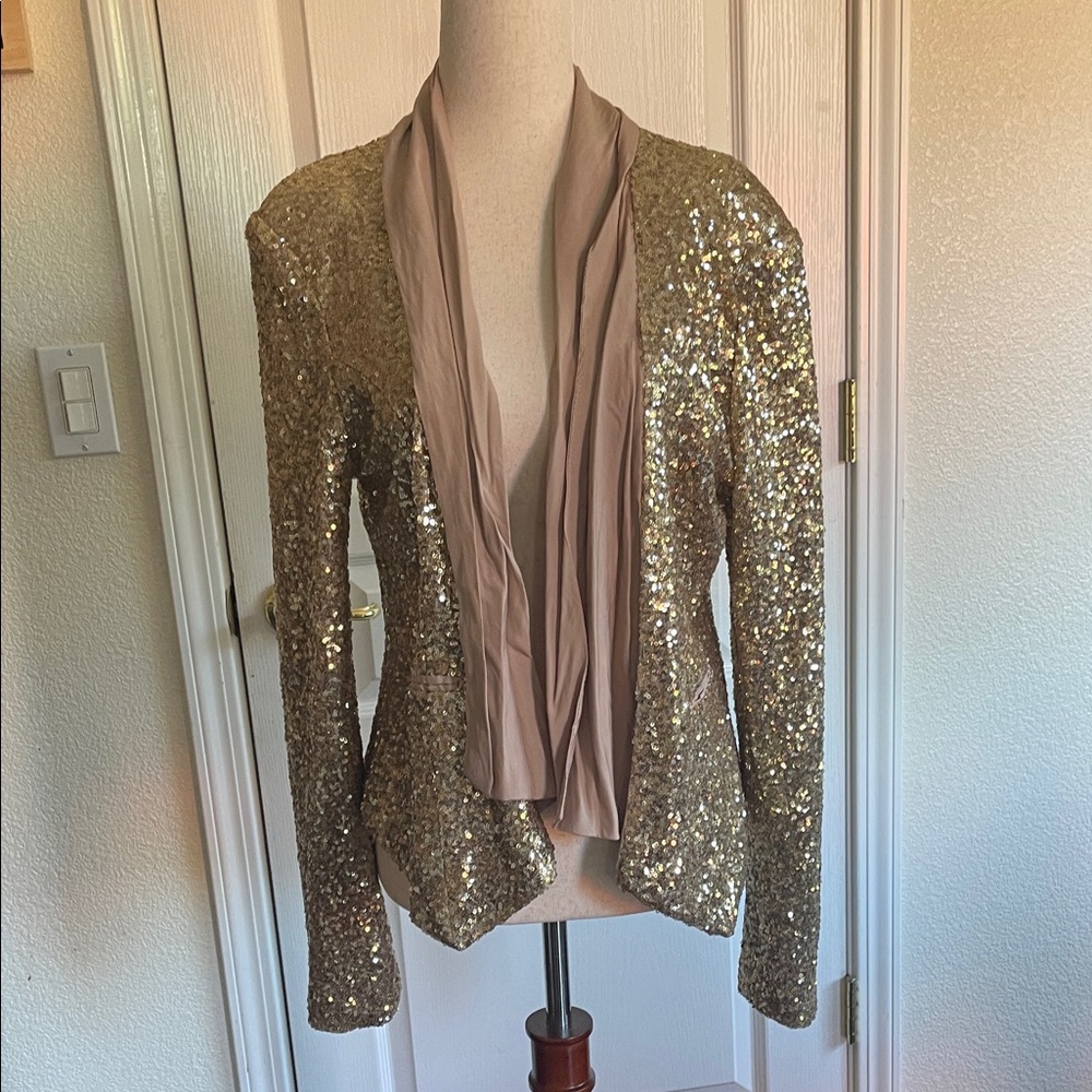 2B Bebe Gold Sequin Blazer with Cream Lapel